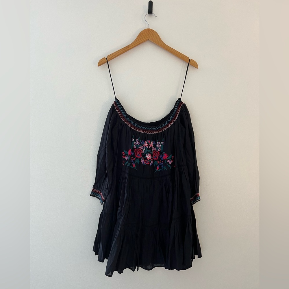 Free People | Black Floral Embroidered Off-The-Shoulder Mini Dress
